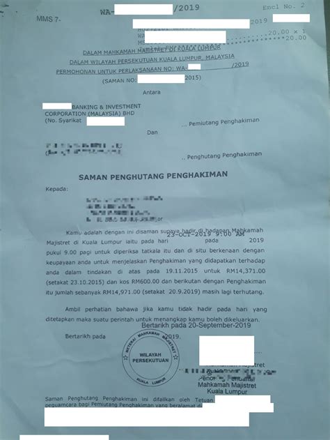 Judgment summons, in english law, a summons issued under the debtors' act 1869, on the application of a creditor who has obtained a judgment for the payment of a sum of money by instalments or otherwise, where the order for payment has not been complied with. Received letter from Court "Saman Penghutang Penghakiman ...