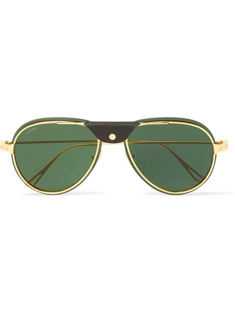 Cartier Eyewear Aviator Style Leather Trimmed Gold Tone Polarised Sunglasses Cartier