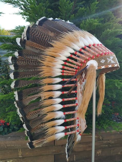 medium indian headdress replica made with real turkey feathers etsy sweden