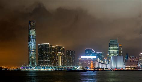 Image Hong Kong Victoria Harbour Bay Night Time Skyscrapers Cities