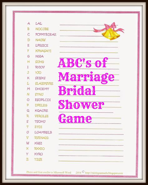 raising samuels life free abc s of marriage bridal shower game