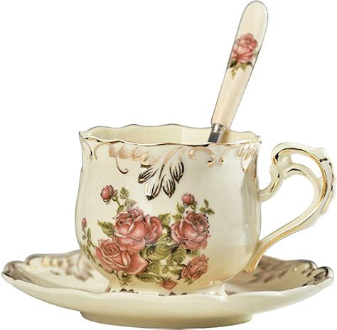 Yolife Pink Rose Cup And Saucer Set 240ml Ivory Ceramic Tea Cup And