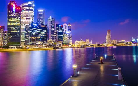 Papéis De Parede Singapura Ásia Cidade Noite Cais Arranha Céus