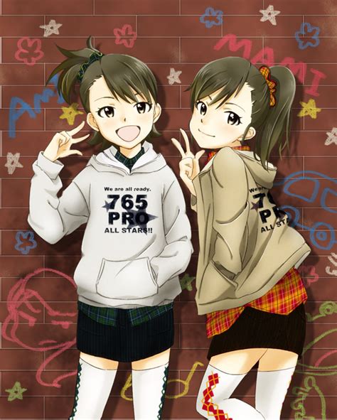 Safebooru Brick Wall Brown Eyes Brown Hair Futami Ami Futami Mami Hoodie Idolmaster Idolmaster