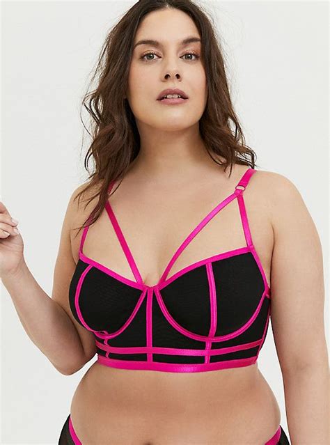 Hot Pink And Black Mesh Longline Underwire Bralette Black Lace Bandeau Underwire Bralette