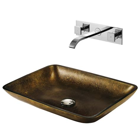 Wall mount bridge style kitchen sink faucet with soap dish. VIGO Rectangular Copper Glass Vessel Sink and Wall Mount ...