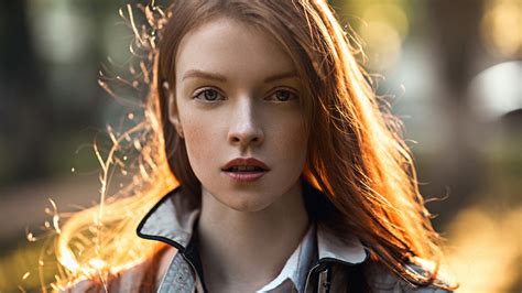 Wallpaper Model Redhead Looking At Viewer Portrait Coats Backlighting Sunset Depth Of