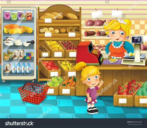 The Shop Scene With Different Goods And A Clerk Happy Illustration