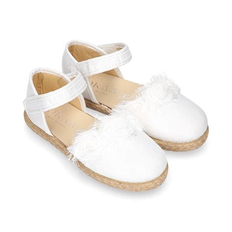 Metal White Canvas Espadrille Shoes With Flower Design And Hook And