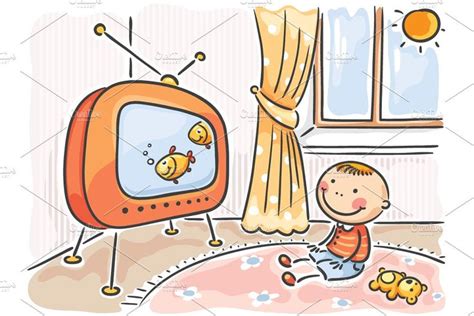 Child Watching Tv In His Room Drawing For Kids Cartoon Man Watch