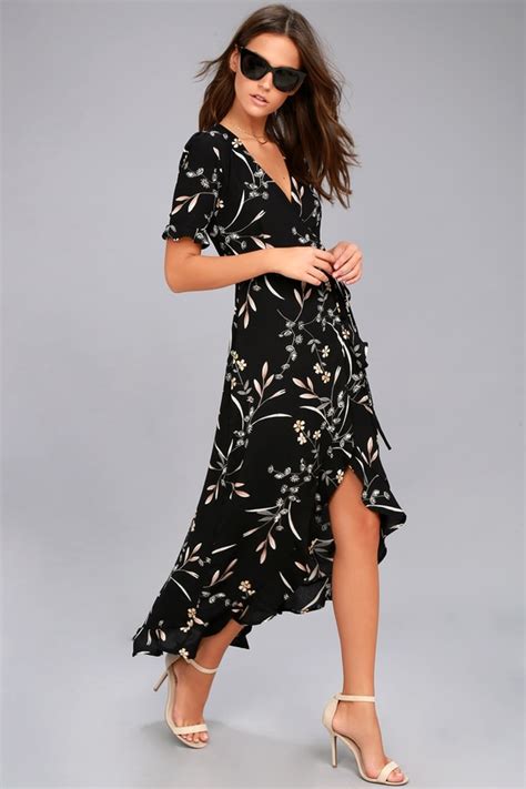 Cute Black Floral Print Dress High Low Dress Wrap Dress Lulus