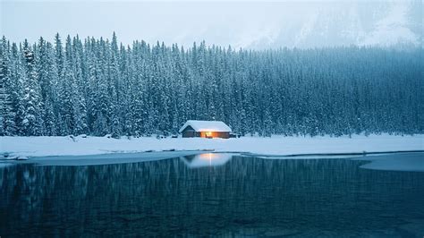 Hd Wallpaper Brown Wooden House Winter Snow Ice Lake Trees Cabin