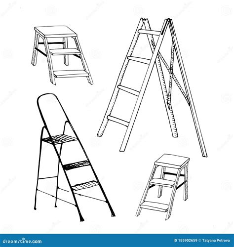 Step Ladders Sketch Set Collection Of Hand Drawn Ladders Isolated On