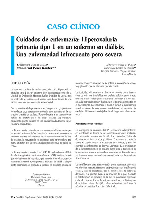 Pdf Cuidados De Enfermería Hiperoxaluria Primaria Tipo 1 En Un