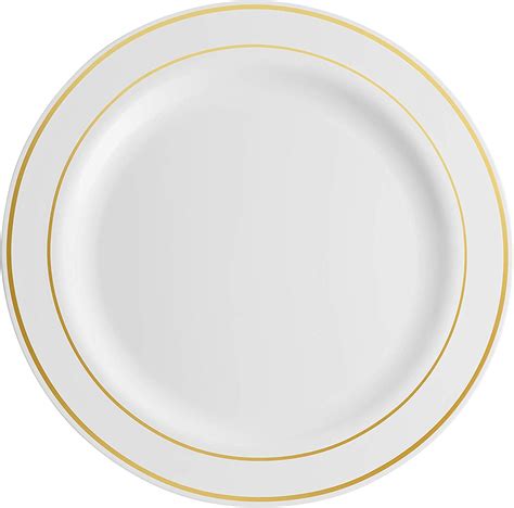 100 Piece Plastic Party Plates White Gold Rim Premium Heavy Duty 1025