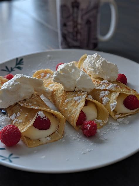 Homemade Crepes With Raspberry Cream Cheese Filling Fresh Whipped