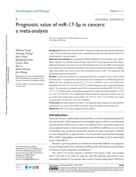 Pdf Prognostic Value Of Mir P In Cancers A Meta Analysis