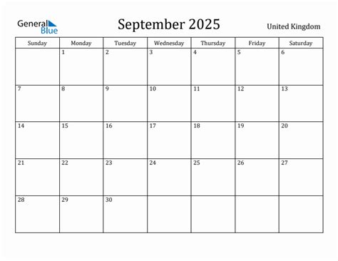 September 2025 Monthly Calendar With United Kingdom Holidays