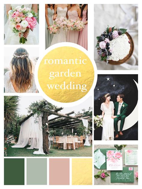 Romantic Garden Wedding Mood Board With A Green Pink And Gold Color