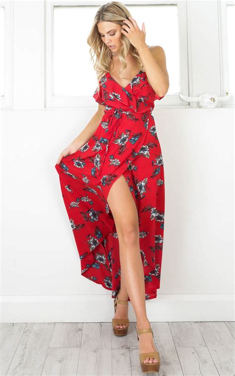 Vector hand drawn sketch illustration of red poppy, cornflower, chamomile daisy flowers, leaves seamless pattern. Emmy Maxi Dress In Red Floral | Showpo