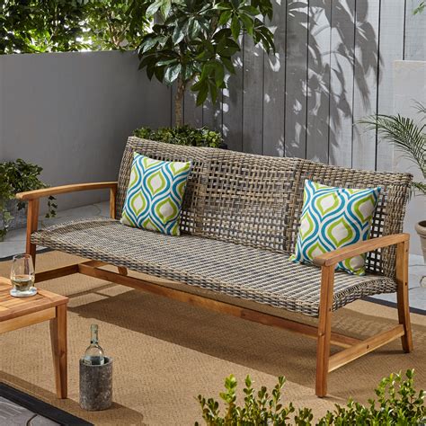 Marcia Outdoor Wood And Wicker Sofa Natural Finish With Gray Wicker