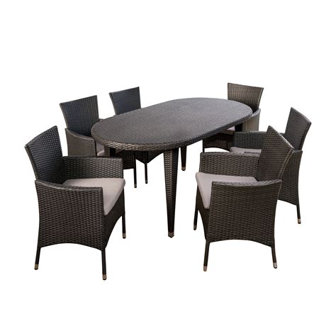 Victor Outdoor 7 Piece Wicker Oval Dining Set With Cushions Grey