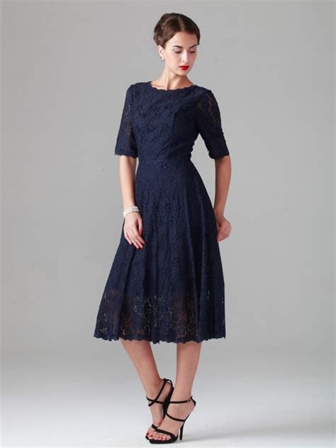 Short Tea Length Navy Blue Mother Of The Bride Dresses Lace Dress Plus Size With Mid Sleeves