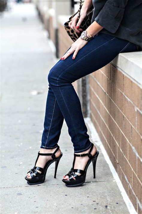 Love These Basic Skinny Dark Jeans And Strappy Platform High Heel