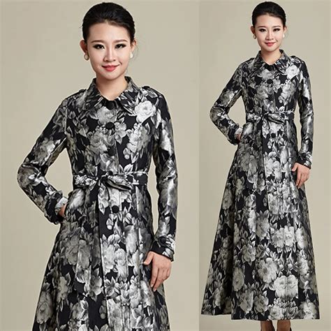 autumn spring 2016 new womens floral printed pattern slim long trench coat female slim fall