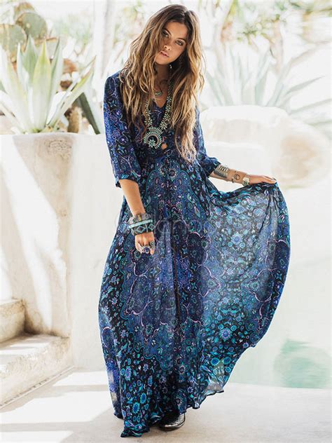 Boho Maxi Dress Long Sleeve Floral Print V Neck High Split Chiffon Long Dress