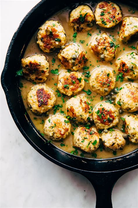 Healthy chicken meatballs made of ground chicken, garlic, onion and lemon juice. Rustic Chicken Piccata Meatballs Recipe | Little Spice Jar