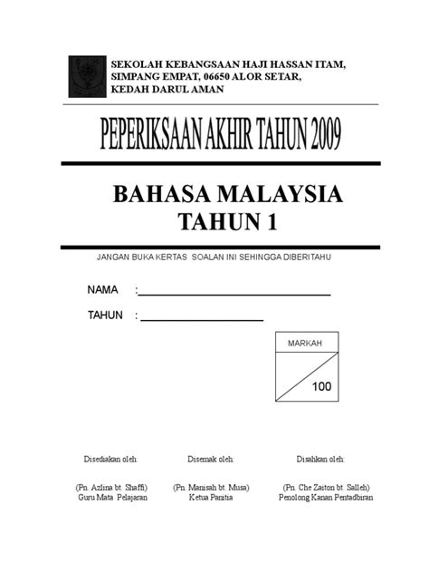 Contoh Kertas Soalan Matematik Tahun 1 Sjkt