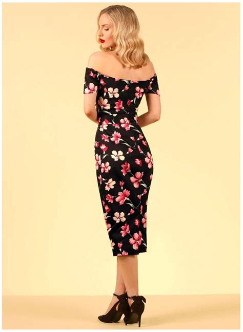 Rhondas Revenge Black Floral 50s Pencil Dress British Retro