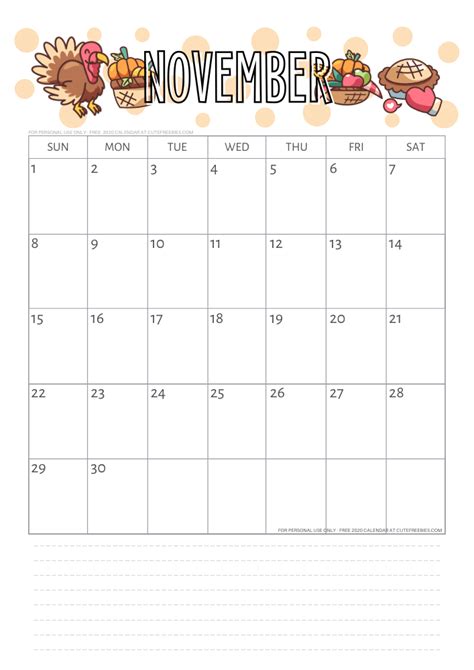 Calendar November 2020 Printable Thanksgiving Cute Freebies For You