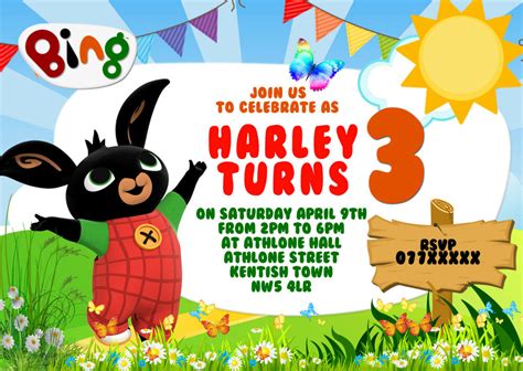 Personalised Bing Bunny Kids Birthday Party Invitations