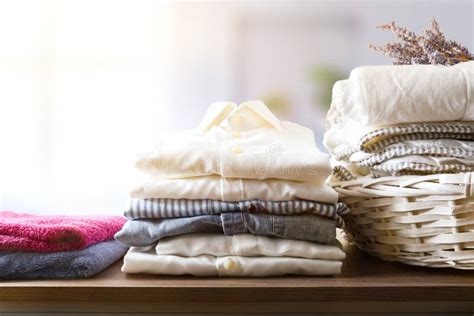 Clean Clothes Folded On A Wooden Shelf In A Room Stock Image Image Of Equipment Bedroom