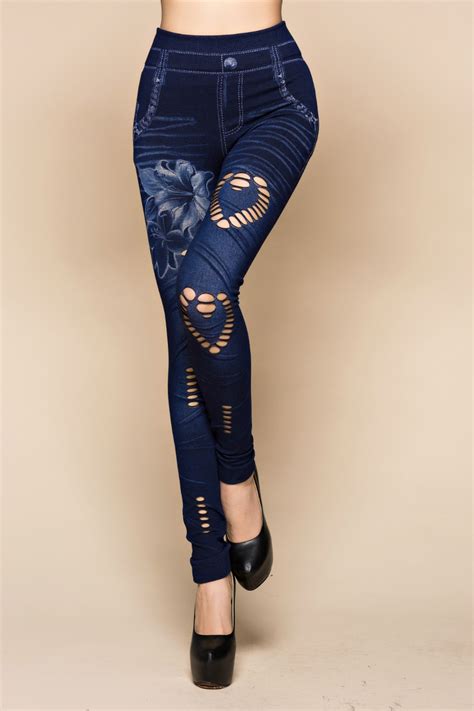 Fashion Slim Women Leggings Faux Denim Jeans Leggings Sexy Hole Heart Printing Casual Women