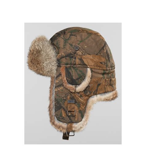 Camouflage Trapper Hat With Natural Brown Rabbit Fur For Men