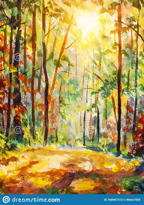 Oil Painting Sunny Autumn Forest Stock Image Image Of