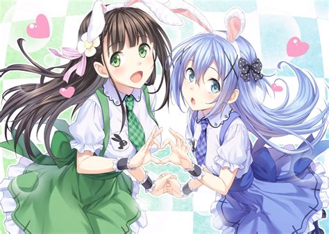 2girls Animal Ears Aqua Eyes Blue Eyes Blue Hair Blush Bow Brown Hair