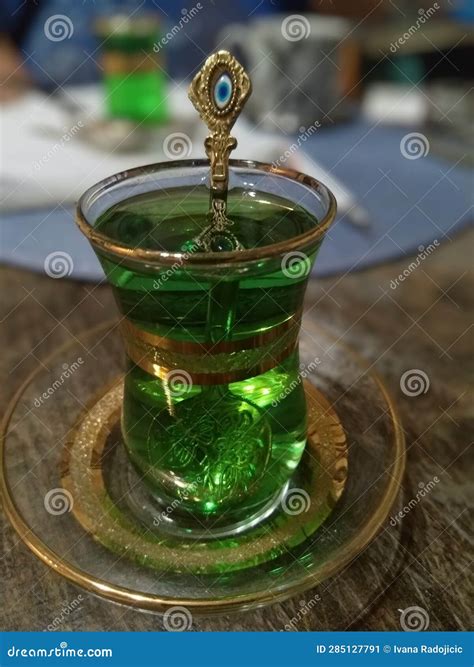 turkish golden cup of turkish green apple tea stock image image of glass produce 285127791