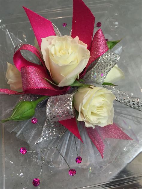 Wristlet Corsage With White Spray Roses Hot Pink And Silver Sparkle