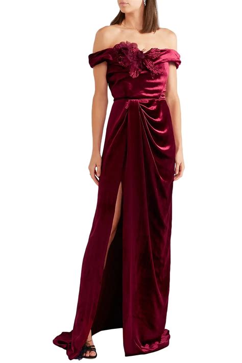 Claret Off The Shoulder Floral Appliquéd Velvet Gown Sale Up To 70