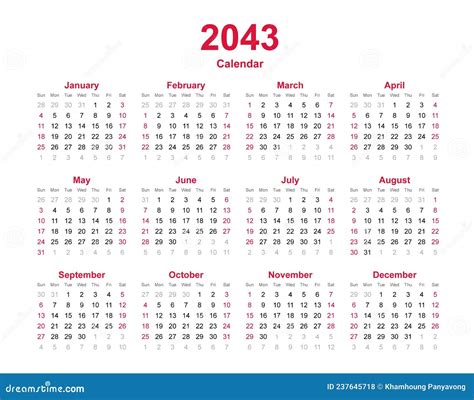 Calendar 2043 12 Months Yearly Vector Calendar In Year 2043