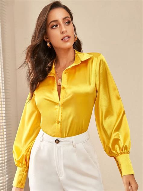 Yellow Solid Button Front Satin Blouse Satinbluse Satin Bluse Bluse
