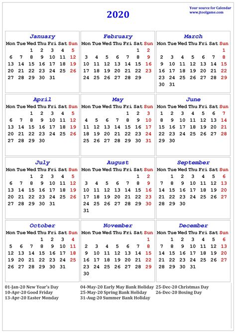 2020 Calendar With Uk Bank Holidays Calendar Template Printable