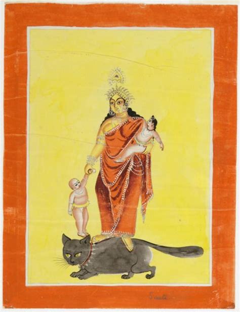 Cp Souvenir Painting Of The Goddess Shashthi On A Cat