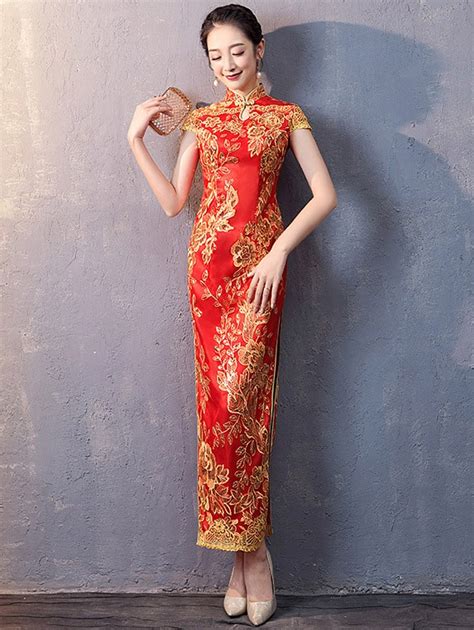 Red Sequined Long Qipao Cheongsam Wedding Dress Cozyladywear