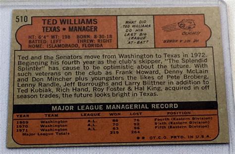 Ted williams baseball card set. Lot - 1972 Topps Set Break #510 Ted Williams Baseball Card