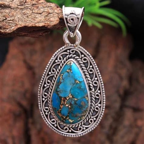 Blue Copper Turquoise Pear Shape Gemstone Pendant Sterling Silver